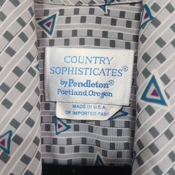 VINTAGE Pendleton Country Sophisticates Gray Blue Geometric Print Tie Neck Blous - Picture 3 of 9